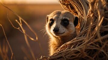A close-up of a curious meerkat peeking from a woven nest against a warm sunset backdrop. photo