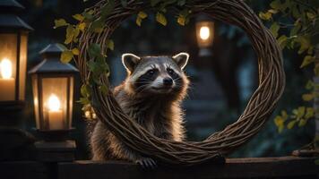 A raccoon peeks through a decorative wreath, illuminated by lanterns in a serene setting. photo