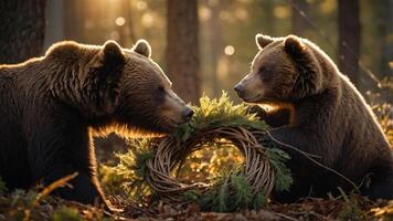 Two bears interact playfully with a wreath in a sunlit forest setting. photo