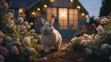 A serene rabbit walks through a flower garden at dusk, illuminated by soft lights. photo