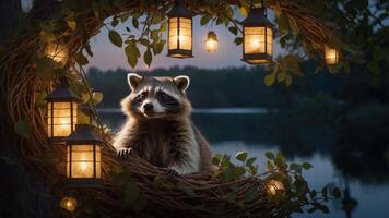 A raccoon perched in a nest-like structure with glowing lanterns by a serene water backdrop. photo