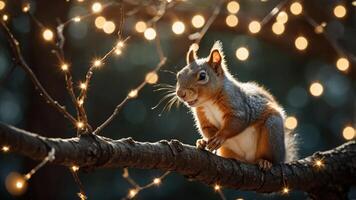 A squirrel perched on a branch surrounded by twinkling lights in a serene setting. photo