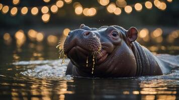 A smiling hippopotamus in water with festive lights in the background. photo