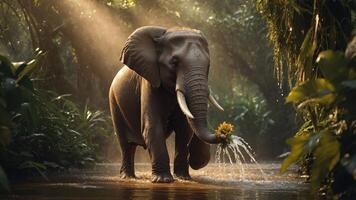An elephant walking through a lush jungle, holding a flower, with sunlight filtering through trees. photo