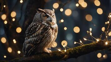 An owl perched on a mossy branch surrounded by soft, glowing lights in a forest setting. photo