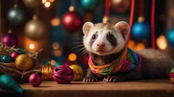A ferret adorned with colorful decorations, set against a festive backdrop of lights and ornaments. photo