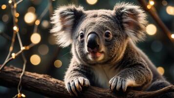 A close-up of a koala on a branch with blurred lights in the background. photo