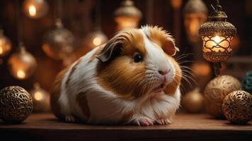A cute guinea pig resting on a wooden surface surrounded by decorative lights and ornaments. photo