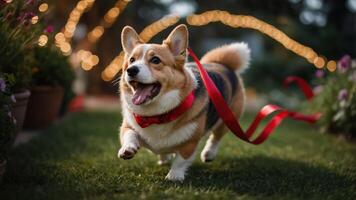 A playful corgi runs joyfully with a red ribbon in a garden adorned with lights. photo