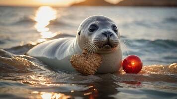 A seal floating in water with a heart-shaped decoration and a red ball at sunset. photo