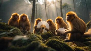 A group of monkeys holding fans in a misty forest, creating a whimsical atmosphere. photo