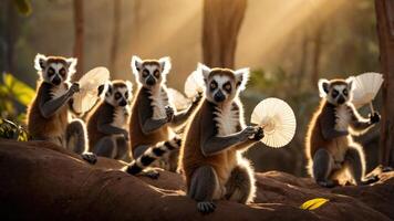 Five lemurs holding fans in a sunlit forest, creating a whimsical and playful scene. photo