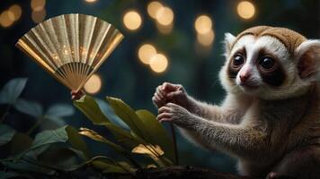 A cute slow loris interacts with a decorative fan amidst a dreamy, illuminated background. photo