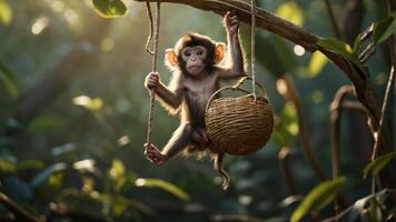 A young monkey hangs from a branch, playing with a woven basket in a lush forest setting. photo
