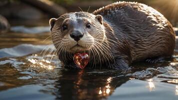 An otter holds a heart-shaped object while swimming in a sunlit water setting. photo