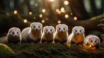 A group of six ferrets sitting together in a forest with soft lighting and a magical atmosphere. photo