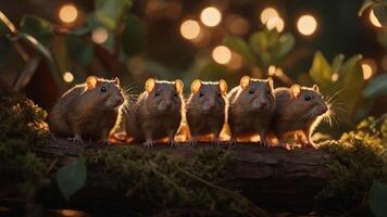 Five small rodents perched on a log, surrounded by soft lighting and greenery. photo