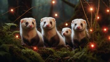 A group of ferrets gathered in a forest setting with soft lights in the background. photo