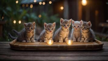 Five adorable kittens sitting on a tray with candles, creating a cozy atmosphere. photo
