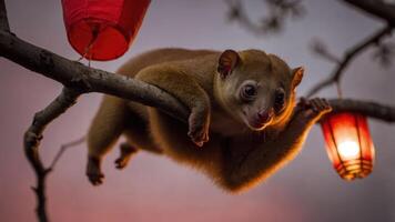 A close-up of a glider hanging on a branch with lanterns in a twilight setting. photo
