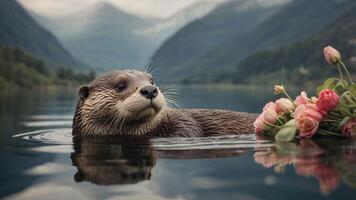 An otter floats in a serene lake, adorned with a bouquet of roses. photo