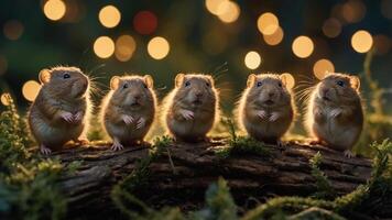 Five adorable hamsters posed on a log with a bokeh background. photo