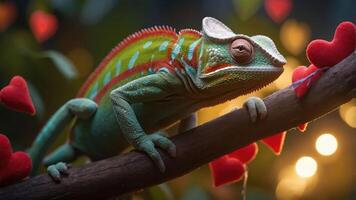 A chameleon on a branch surrounded by heart decorations, creating a whimsical atmosphere. photo