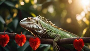 A green iguana resting on a branch adorned with red heart decorations in a lush setting. photo