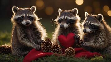 Three raccoons gather around a red heart and pinecones, creating a charming, festive scene. photo