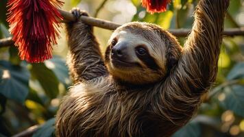 A sloth hanging from a branch surrounded by vibrant red flowers in a lush environment. photo