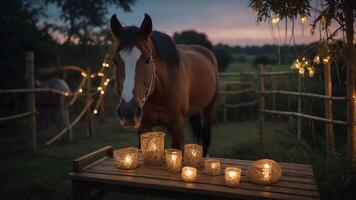 A serene evening scene featuring a horse near glowing lanterns on a rustic wooden table. photo