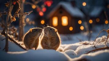 Two adorable mice in the snow, with a cozy cabin glowing in the background. photo