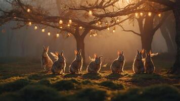 A serene scene of rabbits gathered under glowing trees at dusk. photo