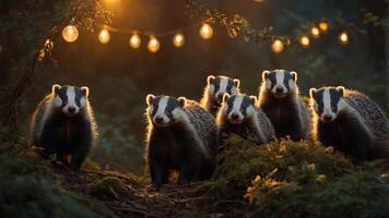 A group of badgers illuminated by warm lights in a forest setting. photo