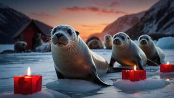 Seals surrounded by candles on ice at sunset, creating a serene and festive atmosphere. photo