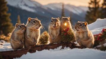 A group of five squirrels gathered on a log in a snowy landscape during sunset. photo