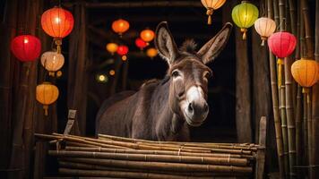 A donkey stands in a bamboo structure adorned with colorful lanterns. photo