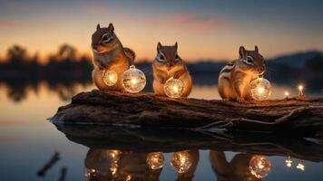 Three chipmunks holding glowing orbs by a serene lakeside at sunset. photo