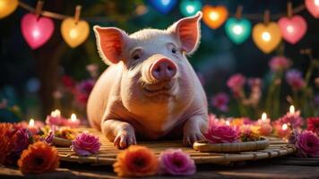 A charming pig surrounded by flowers and candles, creating a festive atmosphere. photo