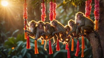 Seven monkeys playfully hanging on a tree with colorful decorations in a sunlit setting. photo