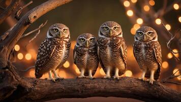 Four owls perched on a branch with soft bokeh lights in the background. photo
