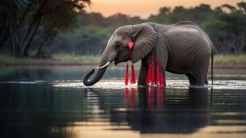 An elephant wades through water at sunset, adorned with red tassels. photo