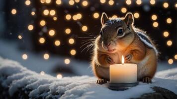 A chipmunk sits by a candle in the snow, surrounded by soft, glowing lights. photo
