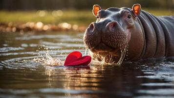 A hippo in water playfully interacts with a red heart-shaped object. photo