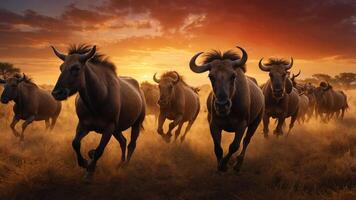 A herd of wildebeests running through a golden landscape at sunset. photo