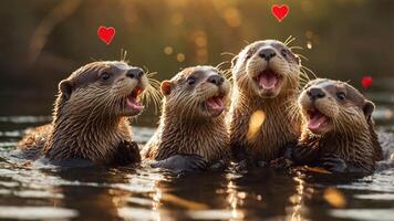 Four playful otters in water, expressing joy with hearts above their heads. photo