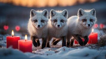 Three foxes running through snow with candles in a serene, twilight setting. photo
