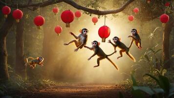 A whimsical scene of monkeys playing among lanterns in a forest. photo
