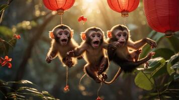 Three playful monkeys hanging from red lanterns in a lush forest setting. photo