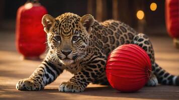 A playful jaguar cub rests beside a red lantern, showcasing its striking coat and curious expression. photo